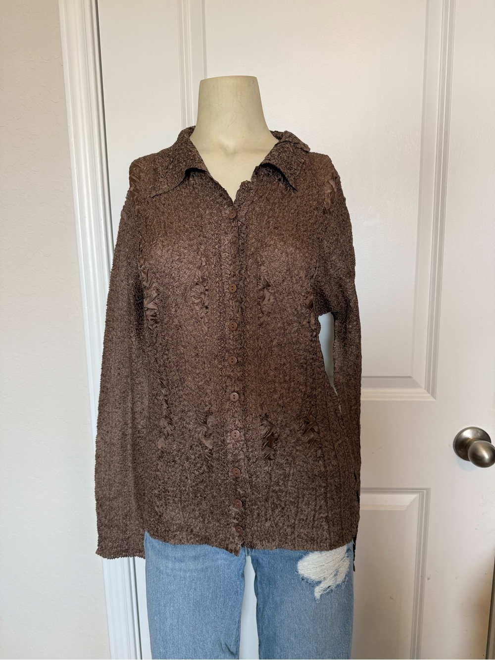 Once Again Petites Brown Crinkle Textured Button Down Shirt